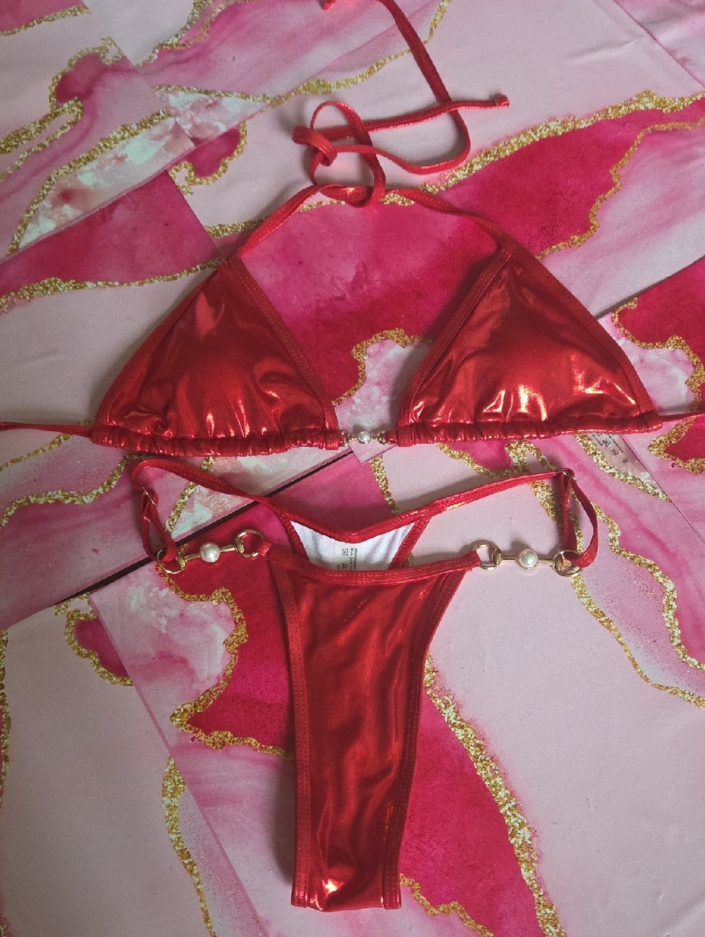 Red Metallic Triangle Bikini Set - Women Swim